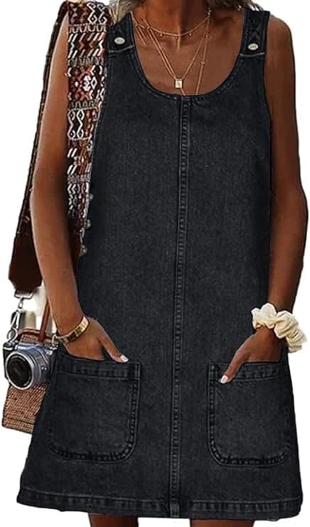 HUEOBIR Denim Overall Dress for Women Round Neck Skirtall Jean — Black