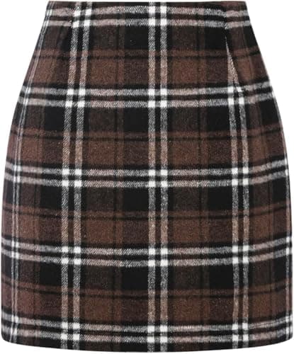 WIFFGO Women's High-Waisted Plaid Wool Mini Skirt — A-coffee