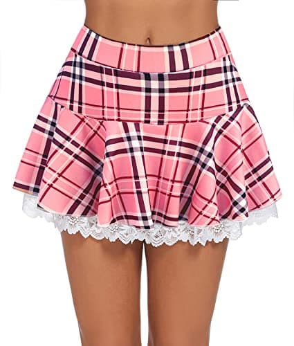 Avidlove Women's Mini Pleated Lace Ruffle Skirt — Pink Plaid
