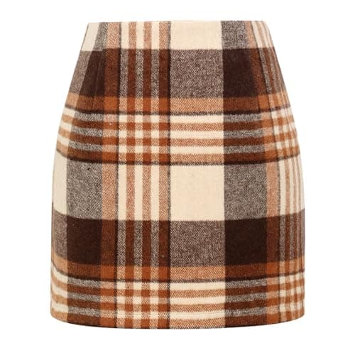 Women's Plaid Wool Mini Skirt for Fall and Winter — Orange Brown