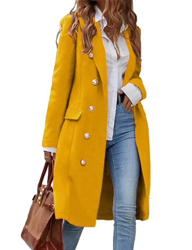 Women's Long Wool Trench Coat for Fall and Winter — Yellow