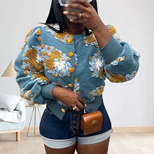 HOULENGS Women's Cropped Floral Fleece Bomber Jacket for Winter Warmth