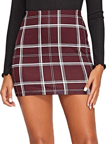 Floerns Women's Casual Stretch High Waist Plaid A-Line Mini Skirt — Maroon
