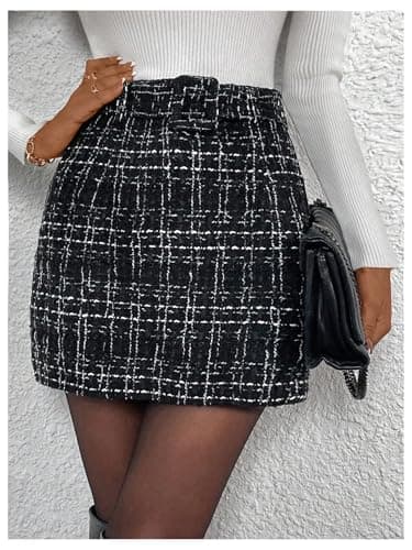 Milumia Women's Plaid High-Waisted Straight Mini Skirt with Tweed Belt
