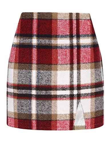 High Waisted Wool Plaid Mini Skirt with Slit for Women by IDEALSANXUN — Wine