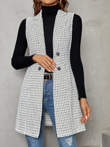 GORGLITTER Women's Plaid Sleeveless Long Vest Cardigan Blazer