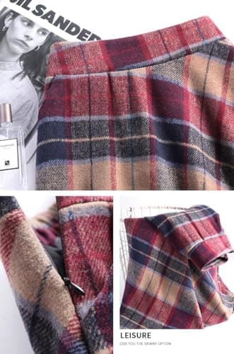 Women's Elastic Waist Plaid Wool Blend A-Line Skirt with Pockets