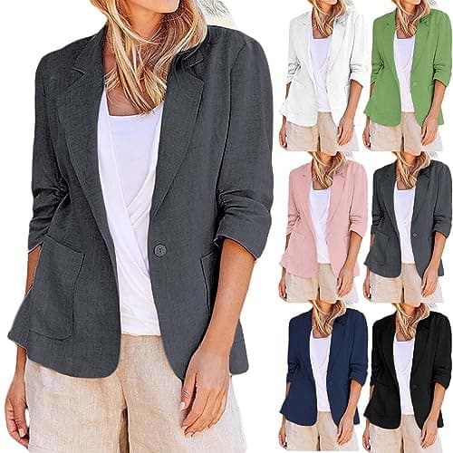 Binmer Women's 3/4 Sleeve Stretchy Linen Blazer Suit Jacket