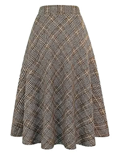 Women's Long Plaid Wool Skirt for Winter: High Waisted A-line Flare — Light Coffee