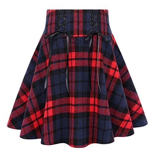 High Waist Lace Up A-line Plaid Skirt for Women — Red