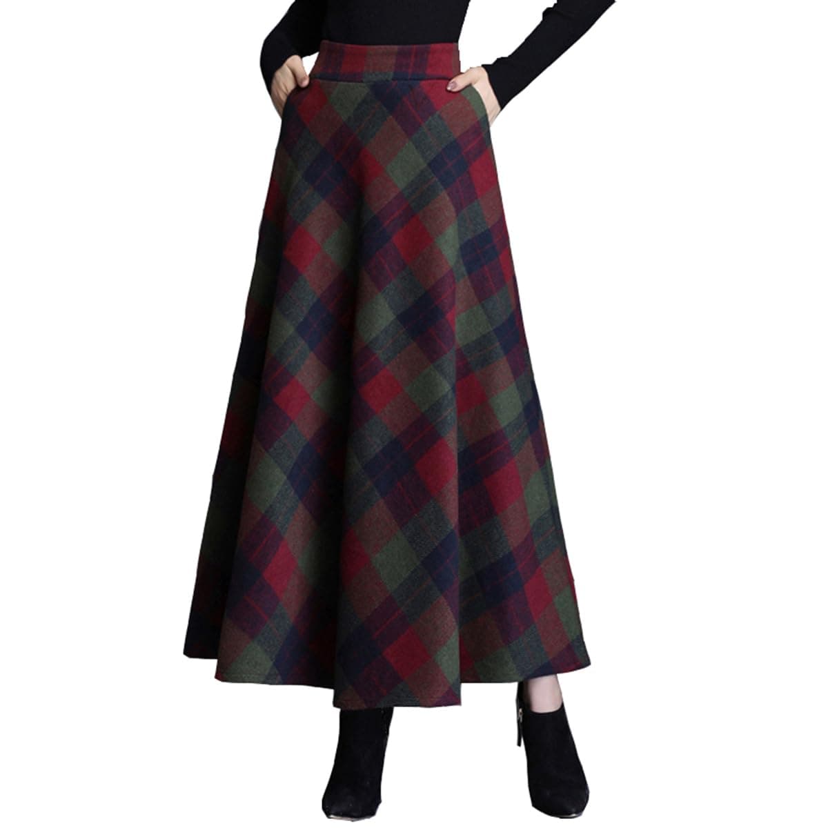 FX Women's Plaid Wool High Waist A-Line Maxi Skirt with Pockets