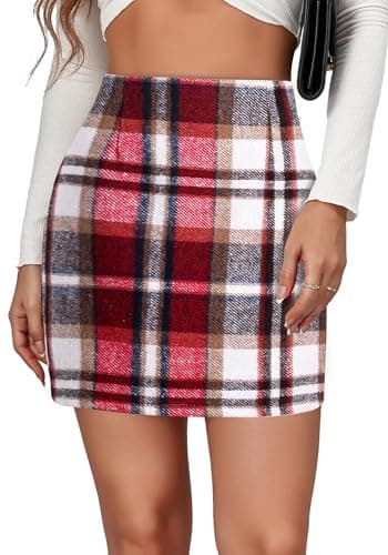 FEOYA Women's High-Waisted Plaid Wool Bodycon Mini Skirt — Red