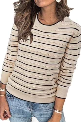 Womens Arach&Cloz Knit Sweater Long Sleeve Casual Spring Outfit Fashion — Striped Apricot Black