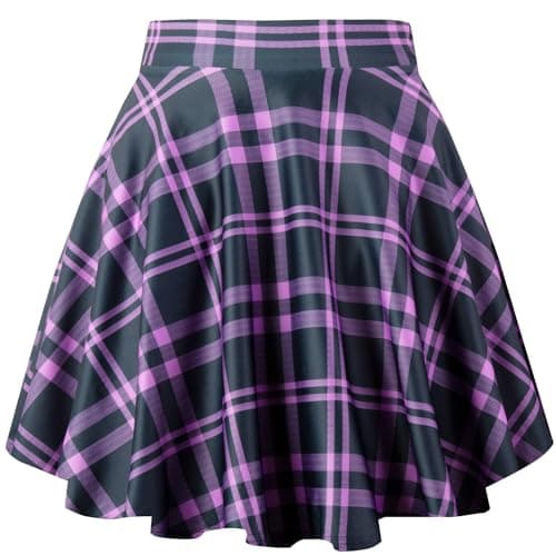 PUKAVT Women's A-Line Mini Flared Stretchy Skater Party Skirt — Purple Plaid