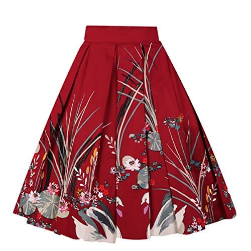 Girstunm Women's Floral Print A-line Midi Skirt with Pockets — Red-swan