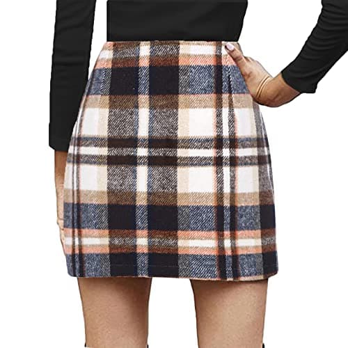 Sastianaen Women's High Waist Zip Up Plaid Wool Bodycon Mini Skirt