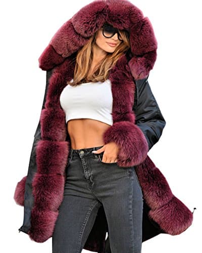 Roiii Women's Warm Winter Thicken Hooded Down Parka Jacket — Black Wine