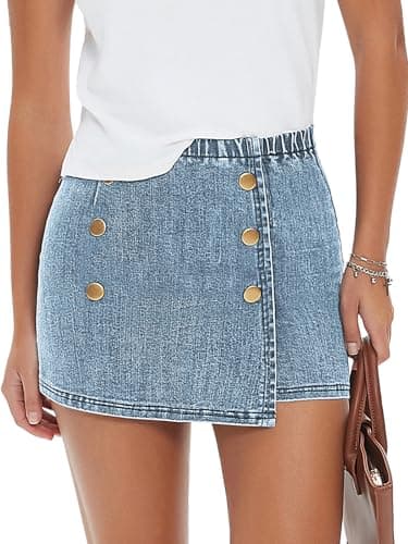 EXLURA Women's High Waist Elastic Plaid Mini Skirt — Denim Light Blue