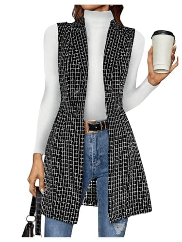 GORGLITTER Women's Plaid Sleeveless Long Vest Cardigan Blazer — Black