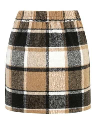 Womens Wool Plaid Mini Skirt with High Elastic Waist for Fall/Winter