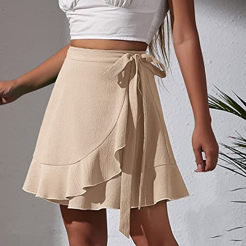 Ruffle Mini Skirt Women's Lace Up Party Skirt Asymmetrical Hem Stretch Skirt — Beige