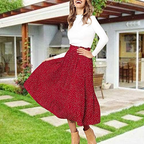 EXLURA Women's High Waist Pleated Polka Dot Maxi Midi Skirt with Pockets