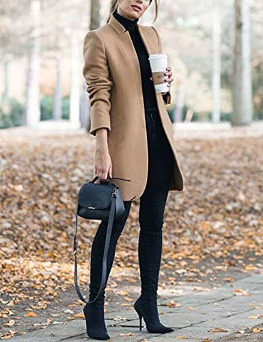 Kwoki Women's Stand Collar Open Front Pea Coat Winter Warm Blazer Trench Coat