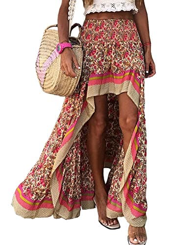 BTFBM Women's 2025 Summer Floral Print Elastic Waist High-Low Boho Maxi Skirt — X-red