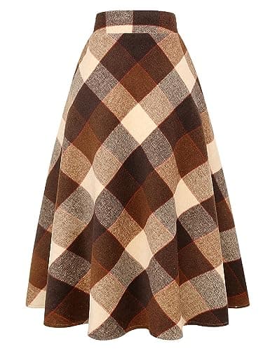 Women's Long Plaid Wool Skirt for Winter: High Waisted A-line Flare — Big Plaid Coffee