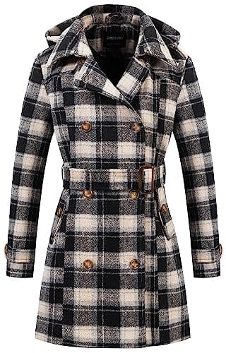 Chrisuno Women's Double Breasted Hooded Pea Coat — Black White Plaid