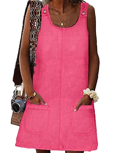 BZB Women's Casual Sleeveless Denim Overall Dress with Pockets — Hot Pink