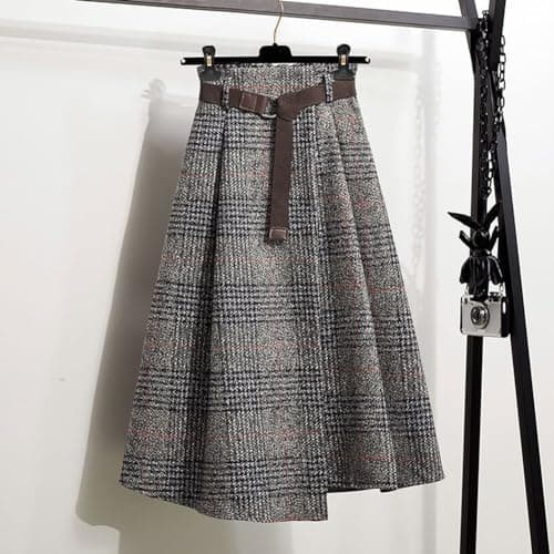 Chouyatou Women's Vintage Plaid Houndstooth Midi Skirt with Belt