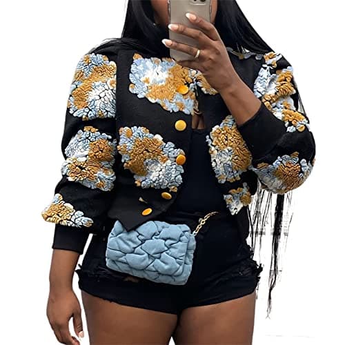 HOULENGS Women's Cropped Floral Fleece Bomber Jacket for Winter Warmth — Yellow