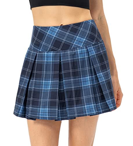 Amxiway Women's Pleated Mini Plaid Skort for Tennis & Golf — Navy Plaid