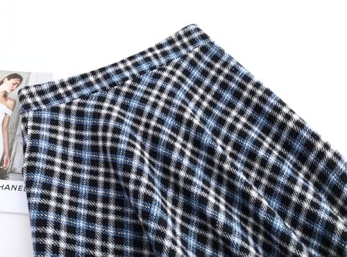 Biilyli Women's High Waist Wool Plaid Midi Skirt