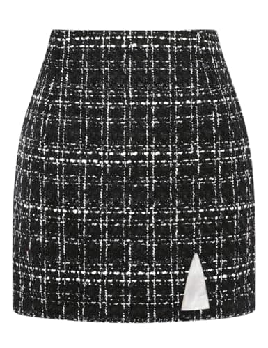 High Waisted Wool Plaid Mini Skirt with Slit for Women by IDEALSANXUN — Tweed Black