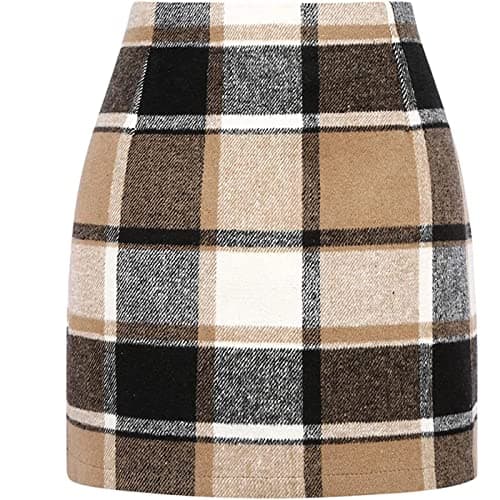 Arssm Women's High Waist Casual Plaid Bodycon Pencil Mini Skirt — Khaki