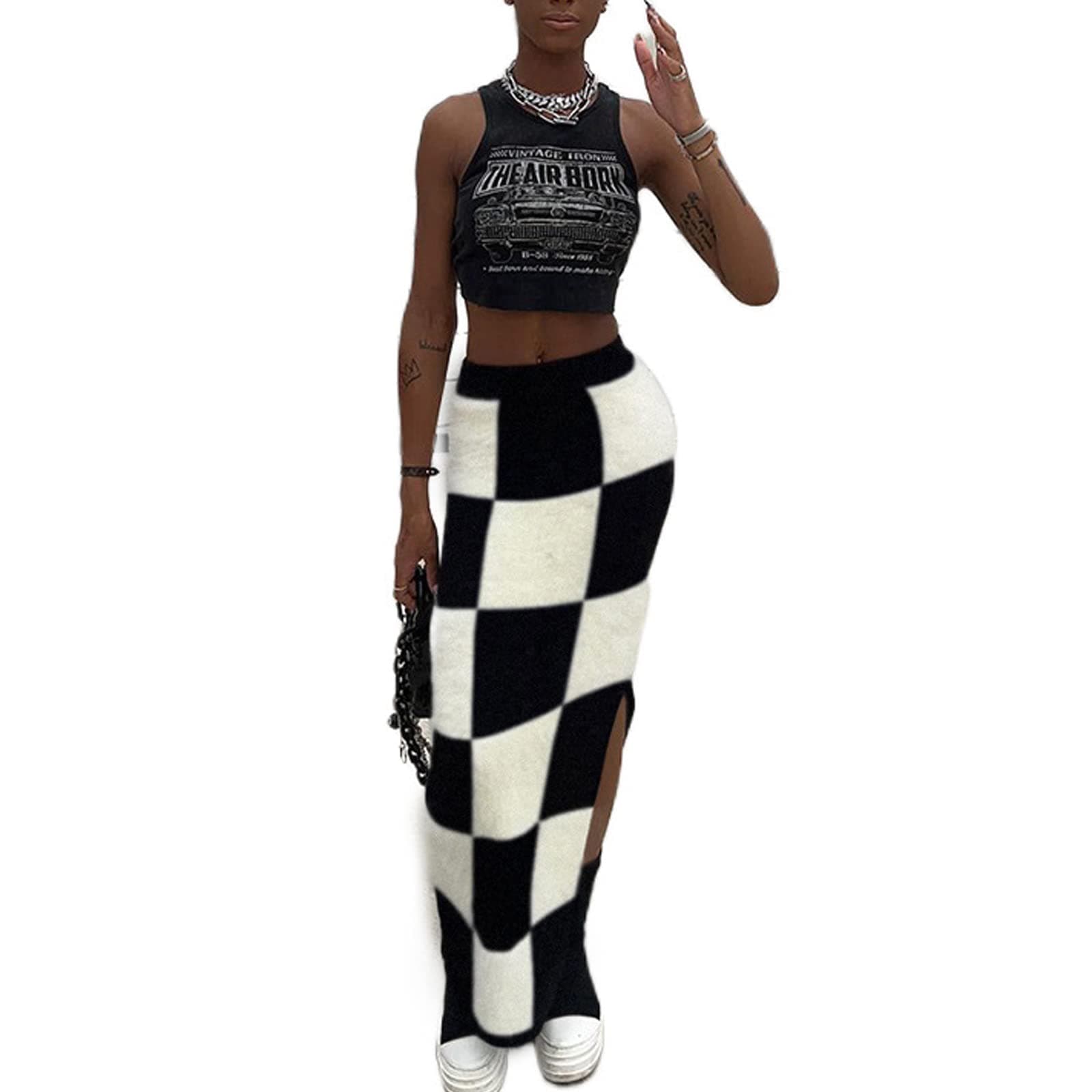 SHIPPOOOU Women High Waist Plaid Elastic Long Midi Skirt