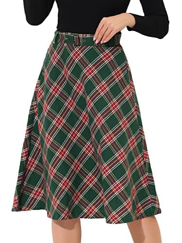 Allegra K Women's Vintage Tartan A-Line Midi Skirt — Green Red