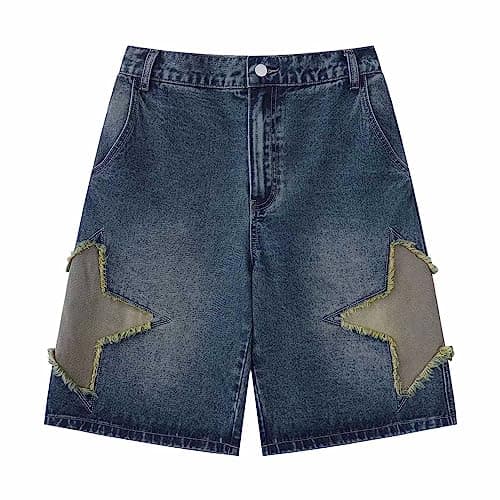 LAPRBY Y2K Blue Denim Straight Leg Shorts Grunge Streetwear — Star Patch