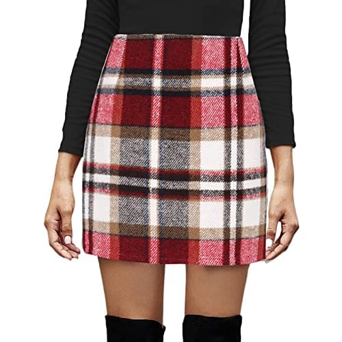 Yuemengxuan Women's Wool Plaid High Waist A-line Skirt
