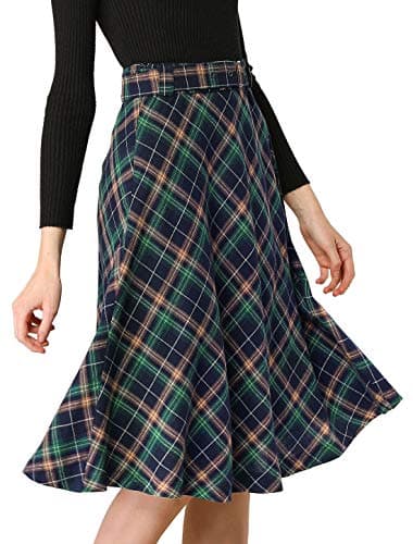 Allegra K Women's Vintage Tartan A-Line Midi Skirt — Blue Green