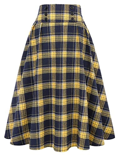 Women's High Waist Plaid A-line Midi Skirt by IDEALSANXUN — Yellow