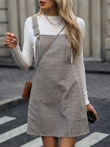 Milumia Women's Adjustable Straps Houndstooth Overalls Short Dress with Pocket