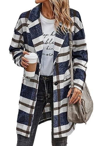 PrettyGarden Women's Plaid Winter Jacket With Pockets — Navy White
