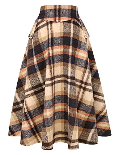 Women's High Waisted Wool Plaid A-line Skirt for Fall/Winter — Plaid Brown