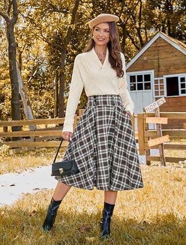 Belle Poque High Waisted Pleated Midi Plaid Skirt with Pockets