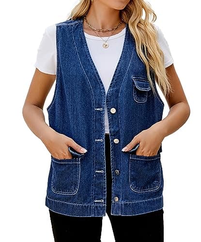 PAODIKUAI Women's Oversized Distressed Denim Vest Jackets — A4-blue