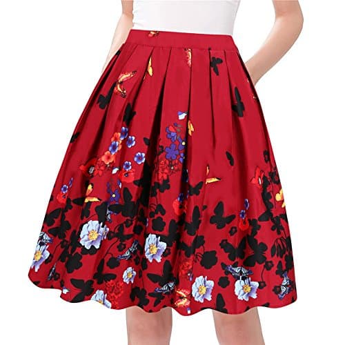 Taydey Vintage Pleated A-Line Skirts for Women — Wine Red Flower