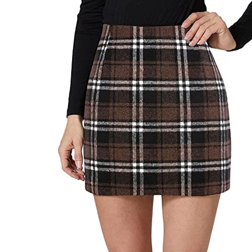 SSPalu High Waisted Plaid Mini Skirts for Women Winter Bodycon — Coffee